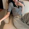 Striped T-shirt Women's Summer Thin Polo Collar Short-sleeved Short High-waisted Navel Design Niche Knitted Top