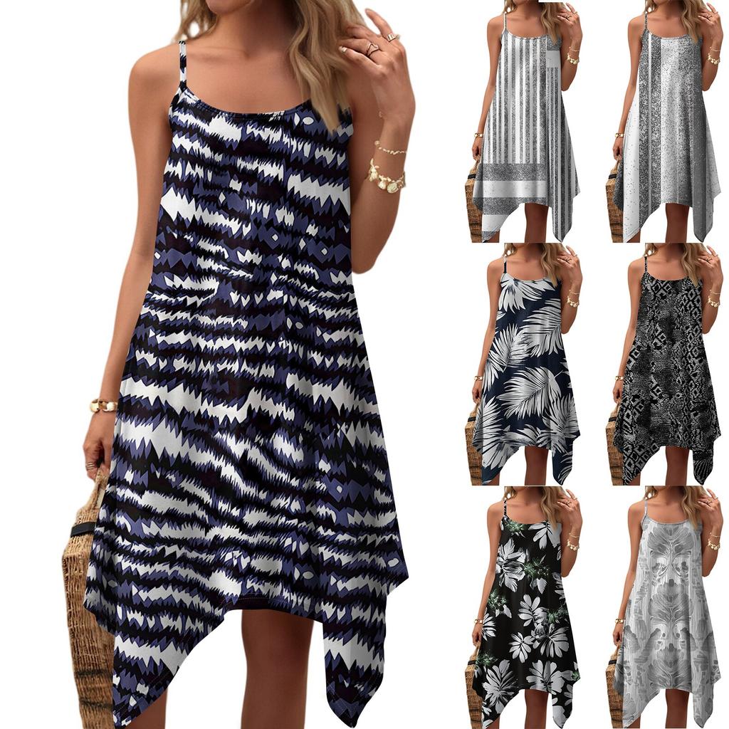 Women's Summer Casual Vintage Floral Print Round Neck Adjustable Suspender Dress With Pockets