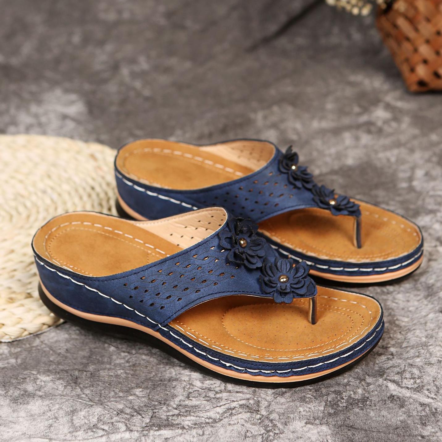 

Летние женские повседневные тапочки с цветочным принтом и маффином, большие повседневные женские сандалии 43 темно-синий