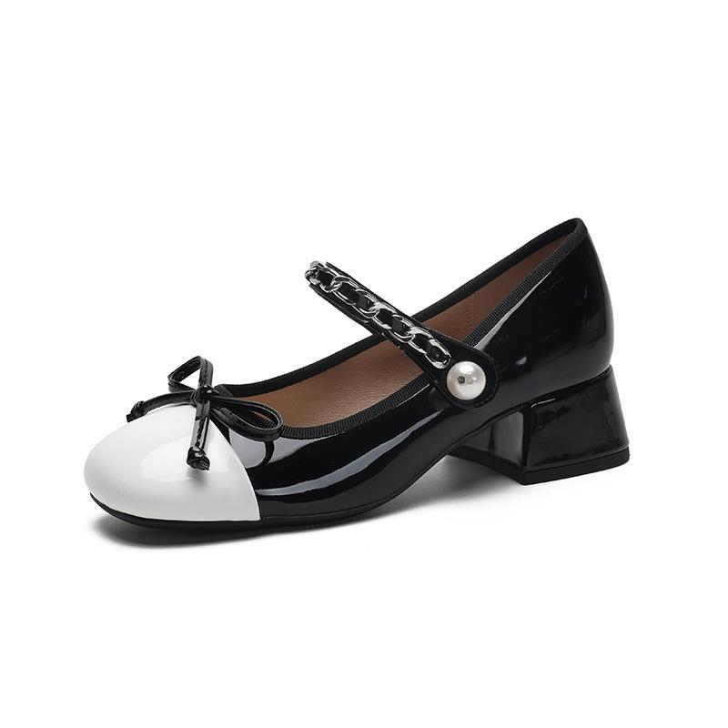 

[sheii Су Иньинь]~ Туфли Мэри Джейн на толстом каблуке с цепочкой-бантом, женские туфли-лодочки, подчеркивающие высокий рост, корейская версия, подчеркивающая высокий рост 40 чёрный