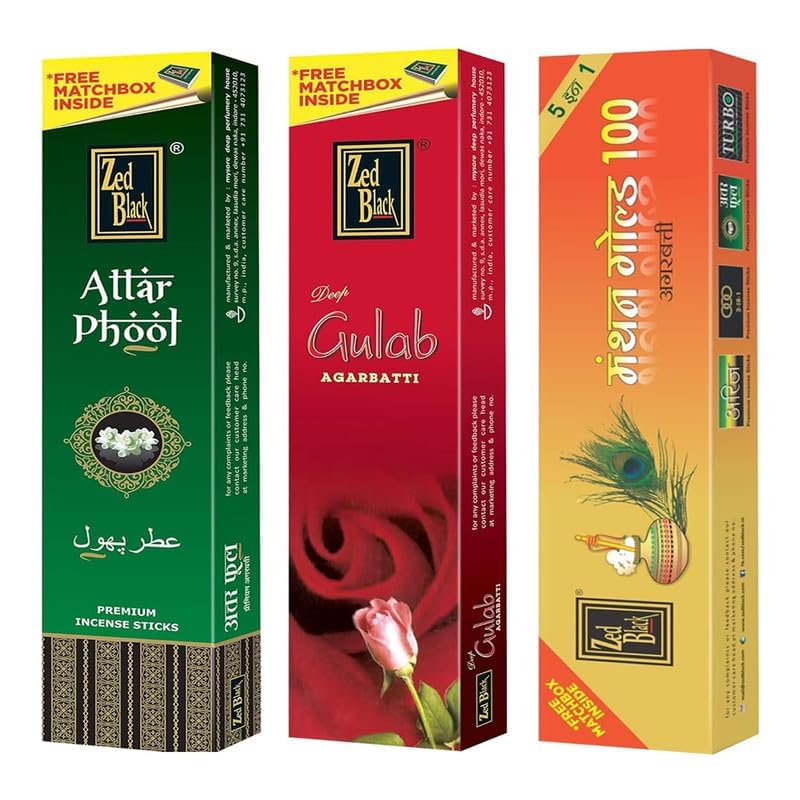 Zed Black Premium Incense Sticks Combo With Manthan Gold, Attar Phool & Deep Gulab Fragrance Pack