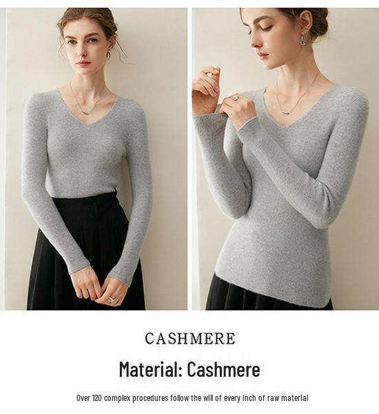 Women's Seamless V-Neck Ribbed Cashmere Sweater - Slim Fit Base Layer for Autumn/Winter