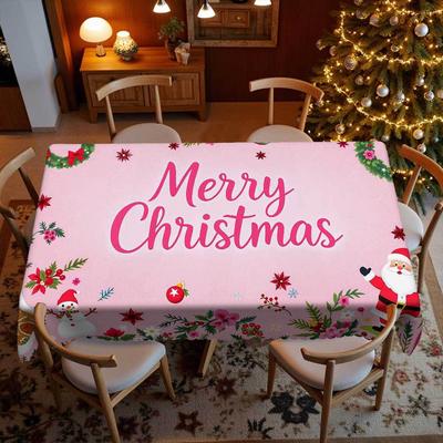 Cute Pink Christmas Tablecloth, Snowman Print, Waterproof Household Party Holiday Decoration Rectangular Dining Table Cloth