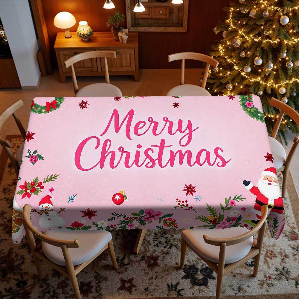 Cute Pink Christmas Tablecloth, Snowman Print, Waterproof Household Party Holiday Decoration Rectangular Dining Table Cloth