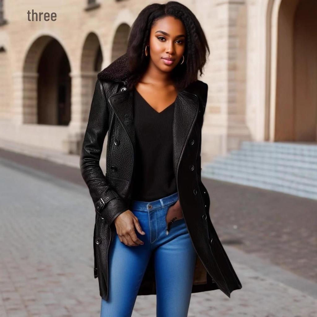 British Style Women's Mid-Length Leather Jacket with Thick Fur Collar