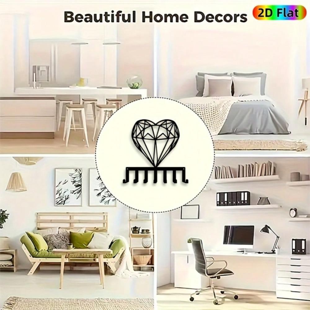 Heart Shape Diamond Key Holder Wall Decor Black Metal 7 Hooks Simple Entryway Valentine Wedding Gift Durable Iron Door Hanger