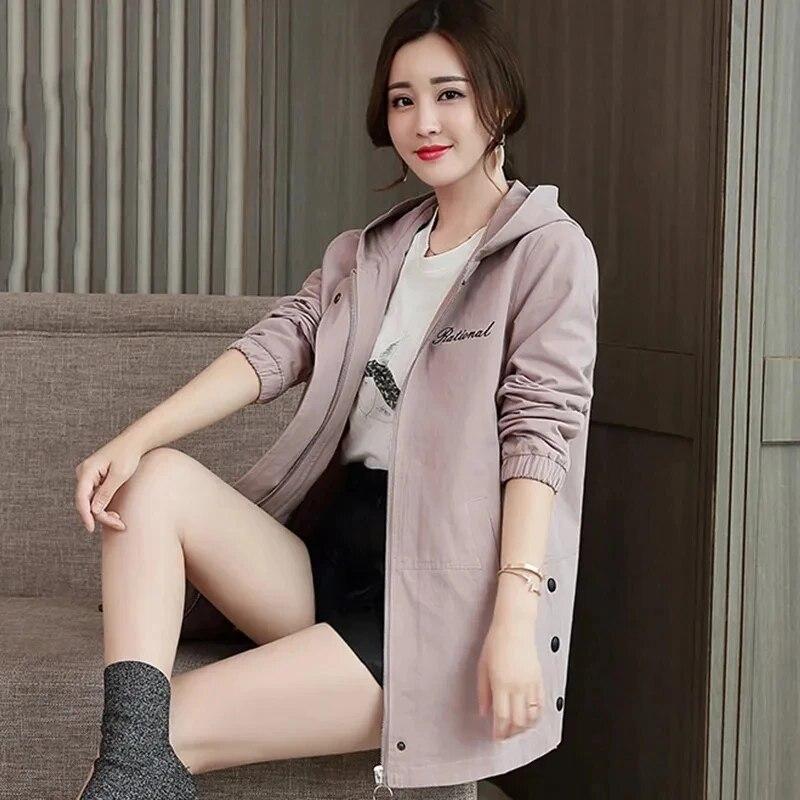 Women's Spring and Autumn Large Size Windbreaker Jacket Mid-length Hooded Jacket Casual Sports Jacket