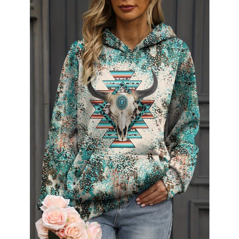 Vintage-Inspired Western Print Sweatshirt - Soft, Casual, Drawstring hoodie with Pocket for Women Long Sleeve Pullover Design