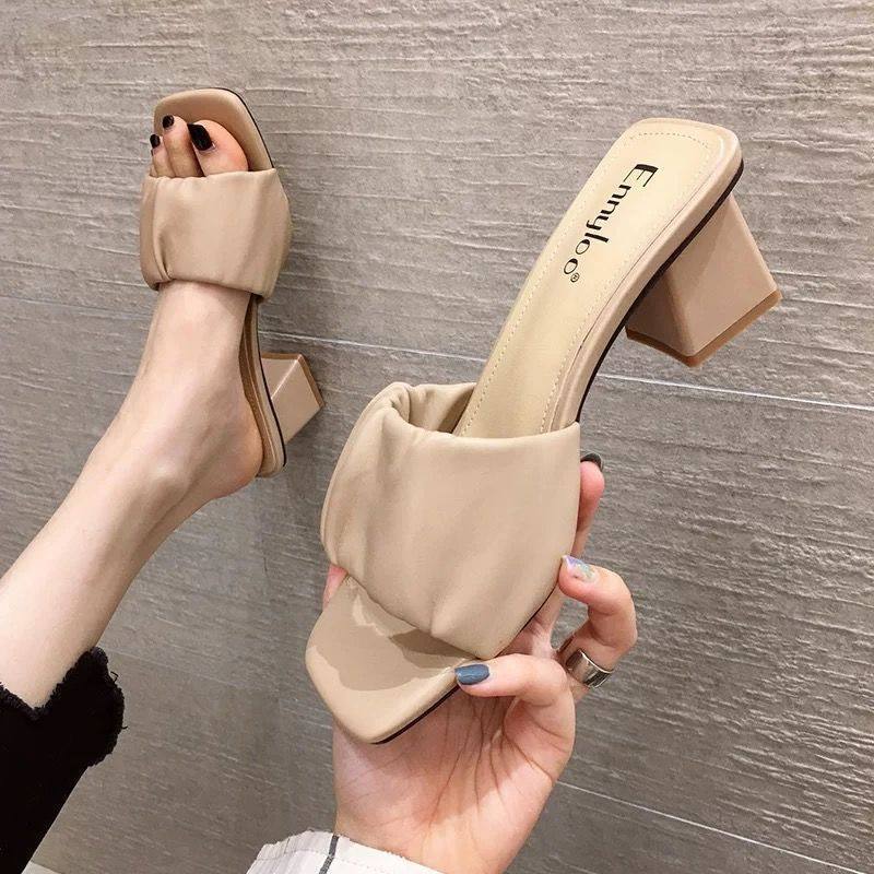Open-toed Cool Slippers for Women's Outer Wear New Summer Fashion One-word Drag Square Head Thick Heel High Heel Women's Drag