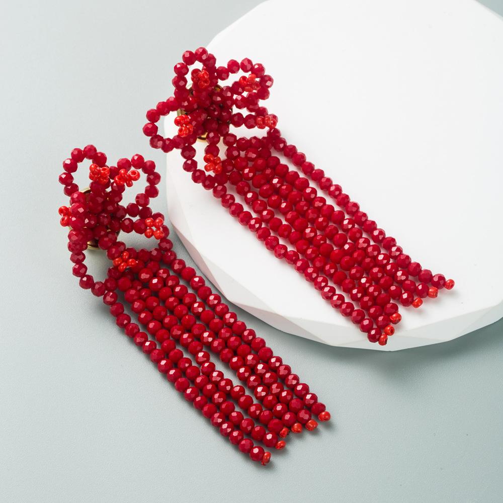 

Женские длинные кисточки, бусины, серьги-капли, однотонные серьги в цветочном стиле, подвески для ушей OneSize красный