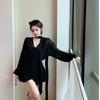 Black perspective long-sleeved chiffon dress women's early autumn design sense mesh short skirt v-neck temperament waist a-word skirt