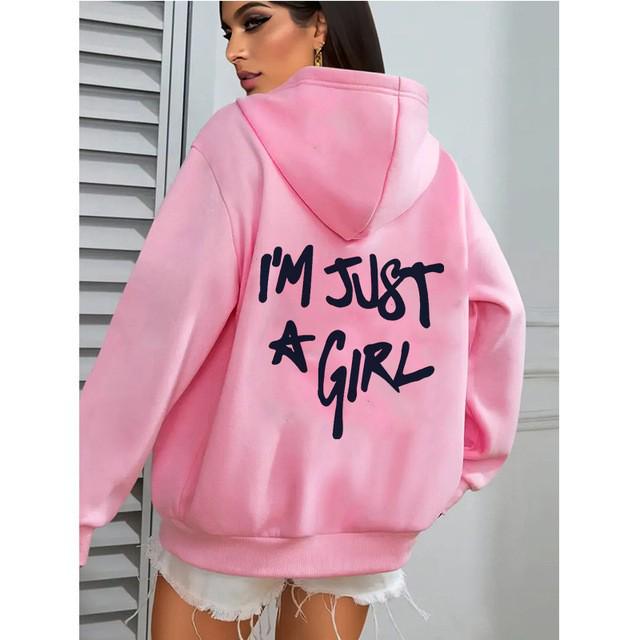 European Size Women's Casual Pocket Hoodie with 'I'm Just a Girl' Print for Autumn/Winter