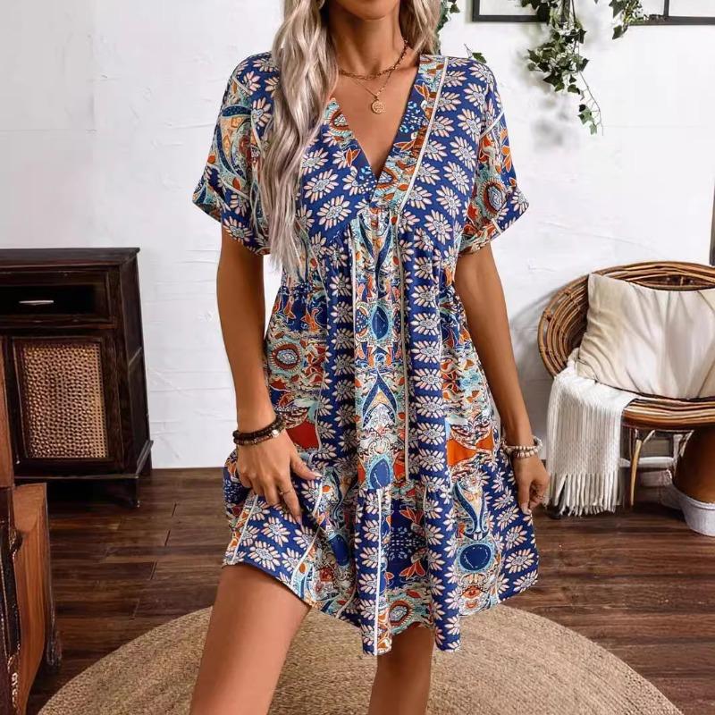 Women's Vintage Floral Print V-neck High-waisted Batsleeve Holiday Dress