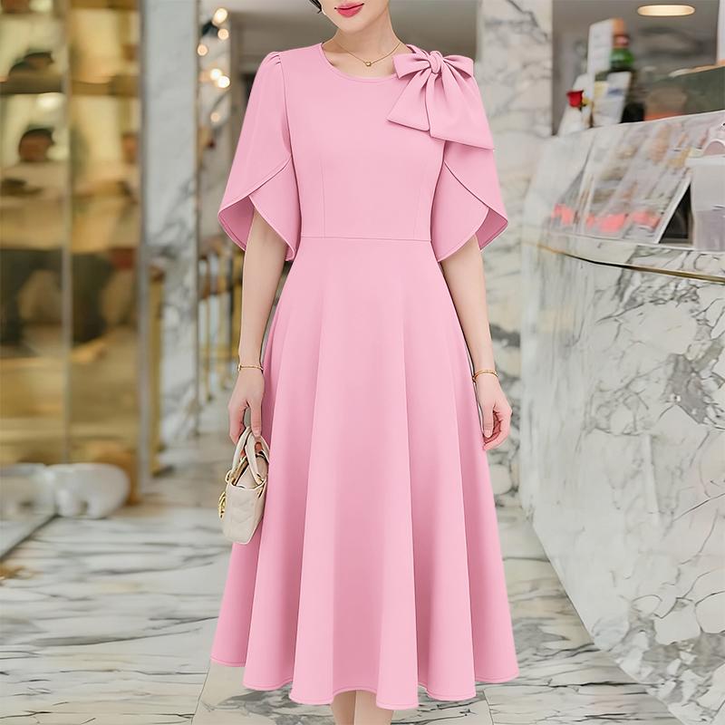 ZANZEA Women Casual Round Neck Bows Splice Half Sleeve Loose A-Line Dress