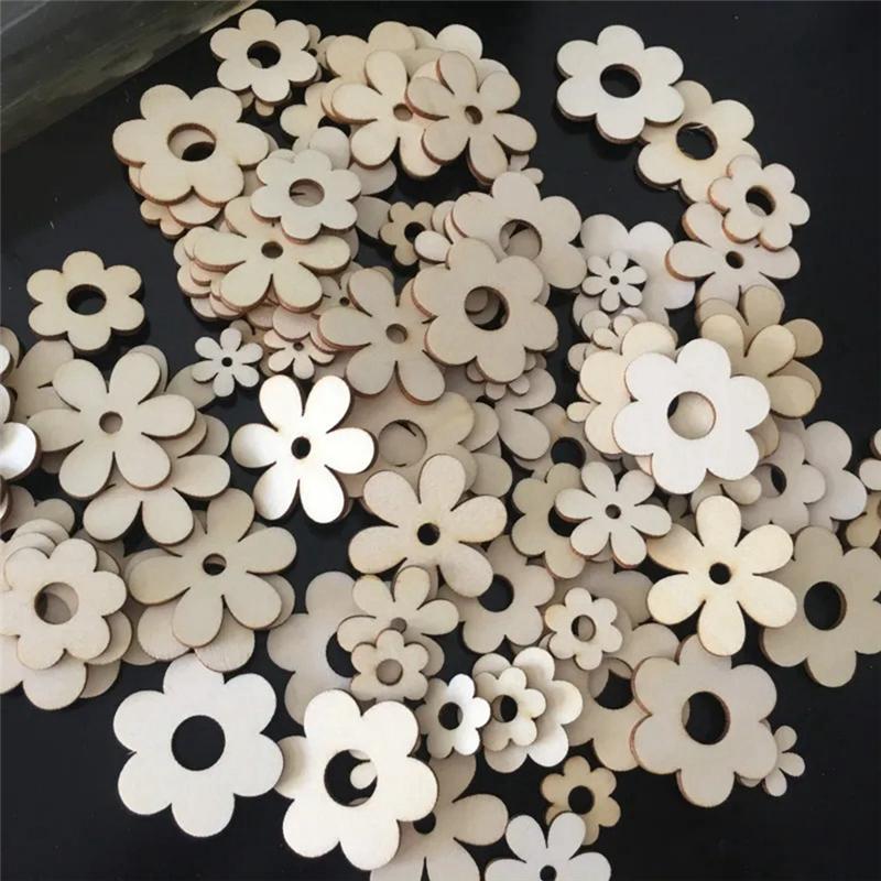 ABBY-100Pcs Wooden Flowers Ornaments With Hole Handmade Wooden Crafts Accessories Parts For Scrapbook DIY Home Decoration