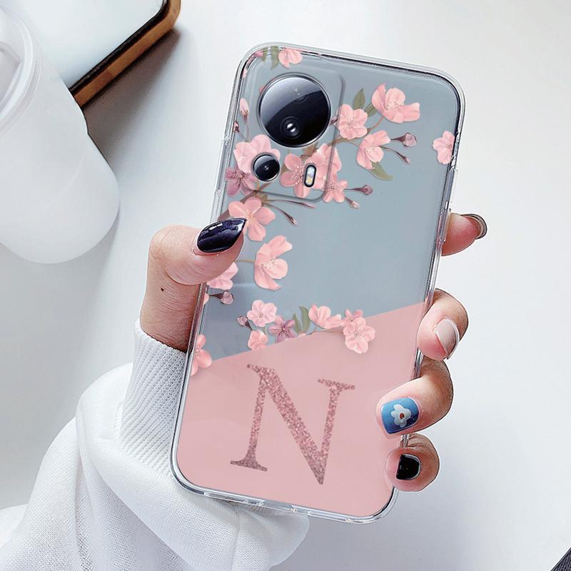 Clear Initial Letter Case For Xiaomi 13 Lite Cover Pink Flowers Alphabet Soft Silicone Coque For Xiaomi 13Lite 6.55" Fundas Capa