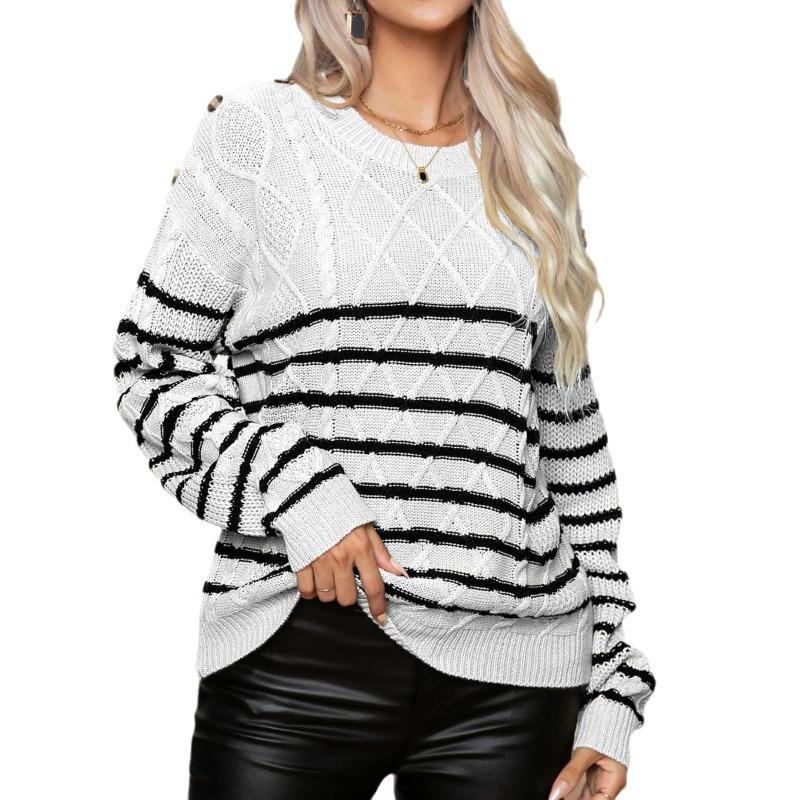 Autumn and Winter Women's Sweater Striped Button Twisted Twist Vintage Long Sleeve Knitwear Pullover Sweater