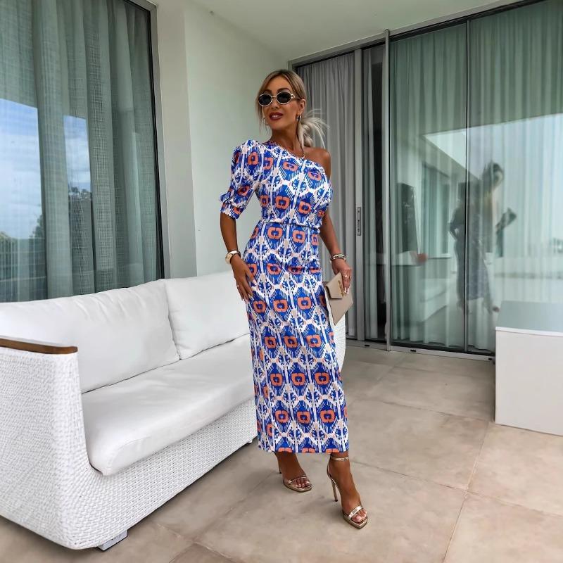 Neues, sommerlich modisches und sexy schulterfreies bedrucktes Kleid mit Taillenschlitz und gespaltenem Saum Damenbekleidung