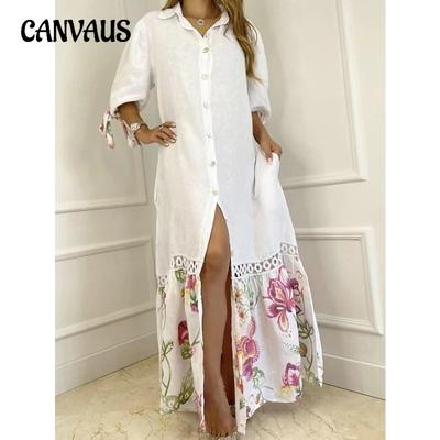 Women's Patchwork Lace Up Seven Tenths Sleeve Shirt Style Long Dress