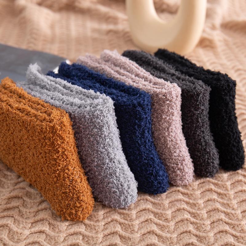 5/10 Pairs Solid Colour Men's Mid Calf Socks Autumn Winter Thickened Warm Floor Socks Home Use Non Shedding Coral Fleece Socks Comfortable