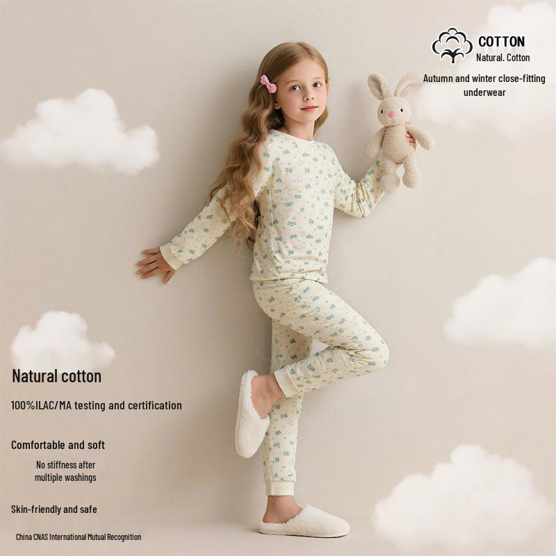 Baumwoll-Langunterwäsche-Set für Mädchen - Herbst/Winter Thermopyjama, Hauskleidung, Basisschicht für ältere Kinder