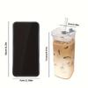 4pcs Straw Square Glass Drinking Cup with Lid, Iced Coffee Cup,Cute Anti-Dump Cup,Perfect for Travel,Hydration, Suitable for Anniversary Holiday Gifts