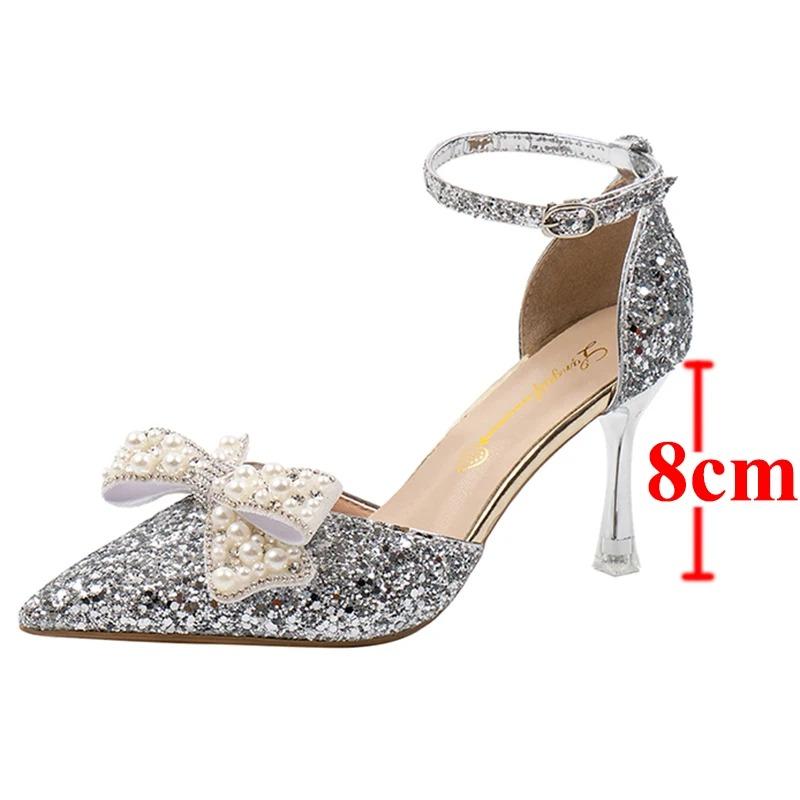 Fashion 2024 New Pearl Bowtie Thin Heels Wedding Shoes Women Bing Shiny Ankle Strap Pumps Woman Sexy Pointed Toe Sequins High Heel Shoes