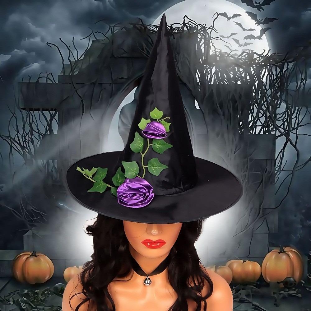 Rose Halloween Witch Hat Lace Veil Feather Halloween Cap Creative Flower Wizard Cap  Masquerade