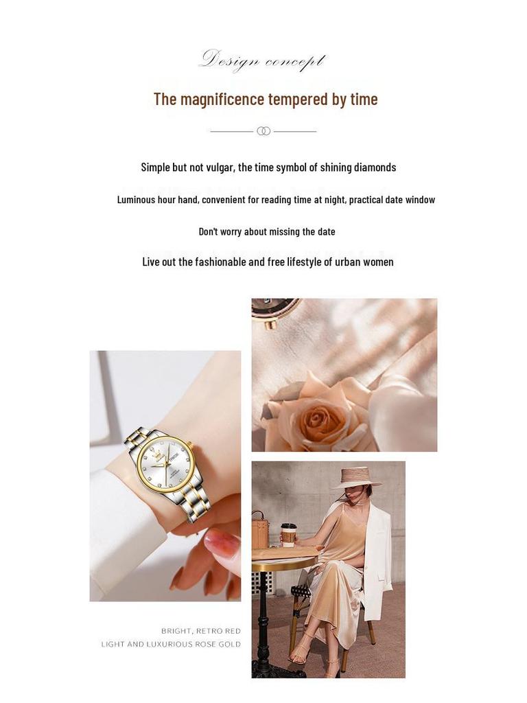 Oulishi Women's Classic Business Quartz Watch with Double Calendar and Steel Band