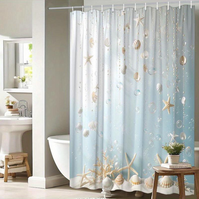 

Ocean Shell Shower Curtain Sea Stars Bubbles Hanging Design Bathroom Decor Waterproof Curtains Coastal Home Style W60H190(CM)-1 Pcs