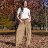 Women Corduroy Pants High Waist Drawstring Pocket Wide Leg Pants Casual Loose Fit Long Trousers Solid Color