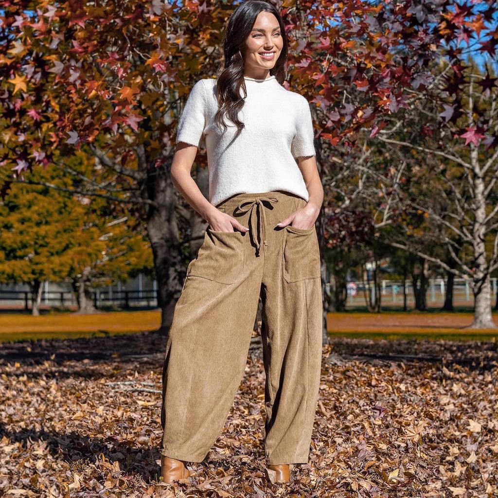 Women Corduroy Pants High Waist Drawstring Pocket Wide Leg Pants Casual Loose Fit Long Trousers Solid Color
