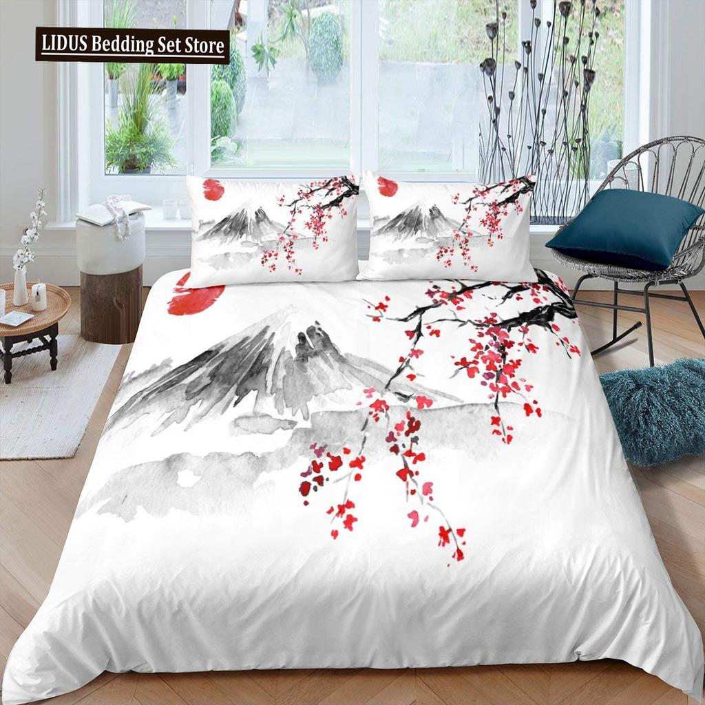Japanese Duvet Cover Set,Branch Of A Flourishing Sakura Tree Flower Cherry Blossoms Spring Theme Art Japan Bedding Set Full Size