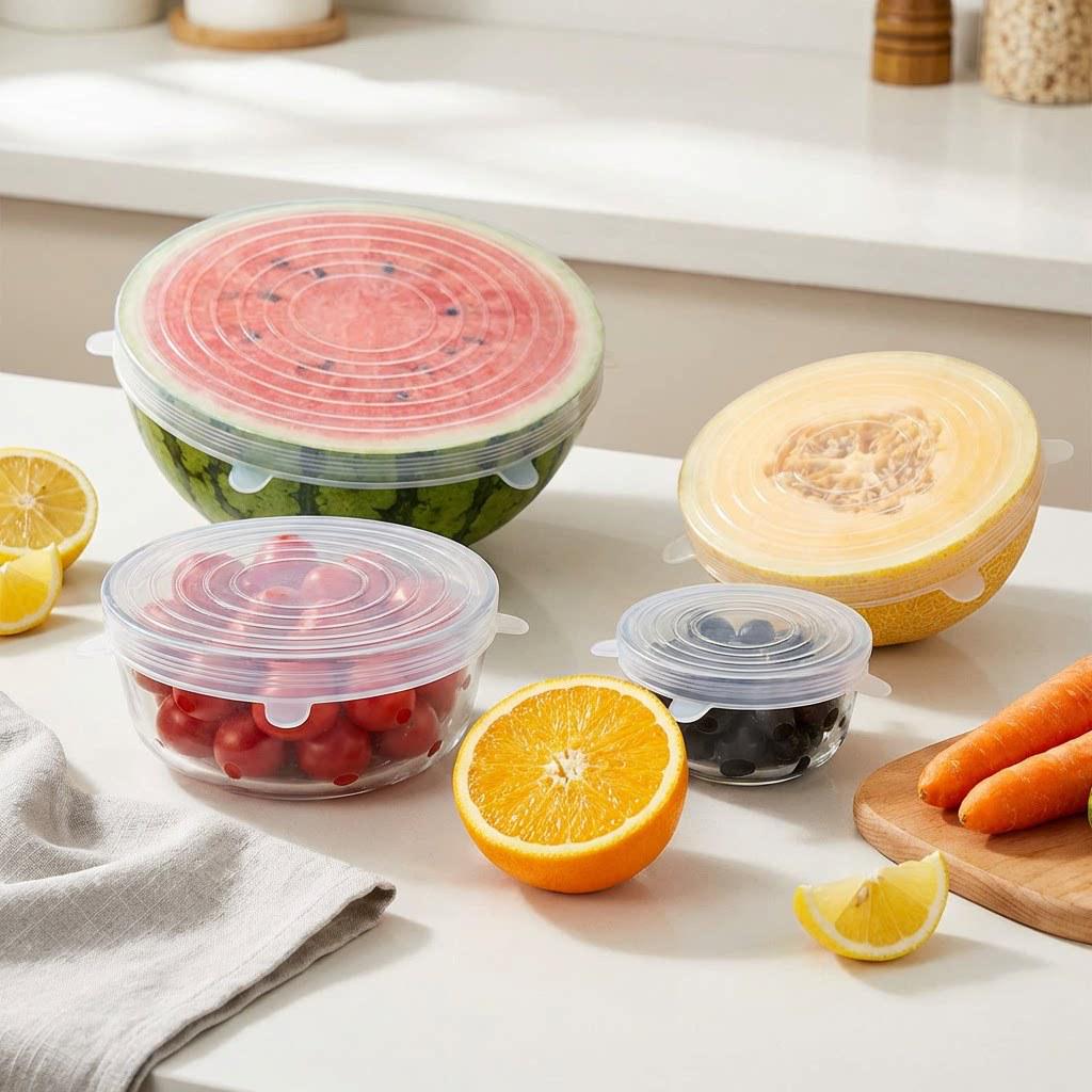 Stretchable Silicone Refrigerator Lid Set - Keeps Freshness, Seals Bowls, Prevents Flavor Transfer for Fruits & Vegetables