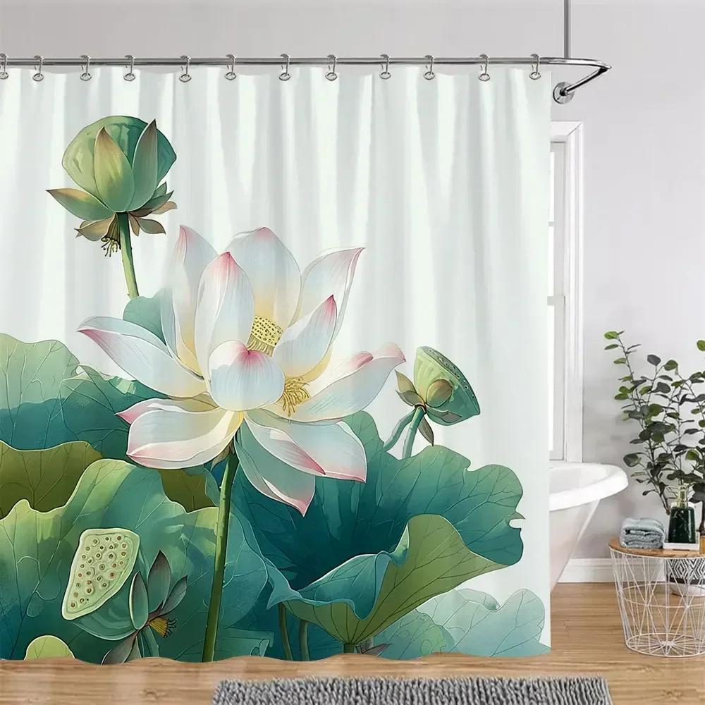 Elegant Lotus Pond Shower Curtain - Traditional Chinese Landscape Design for Modern Bathroom Décor, Waterproof & Easy Care