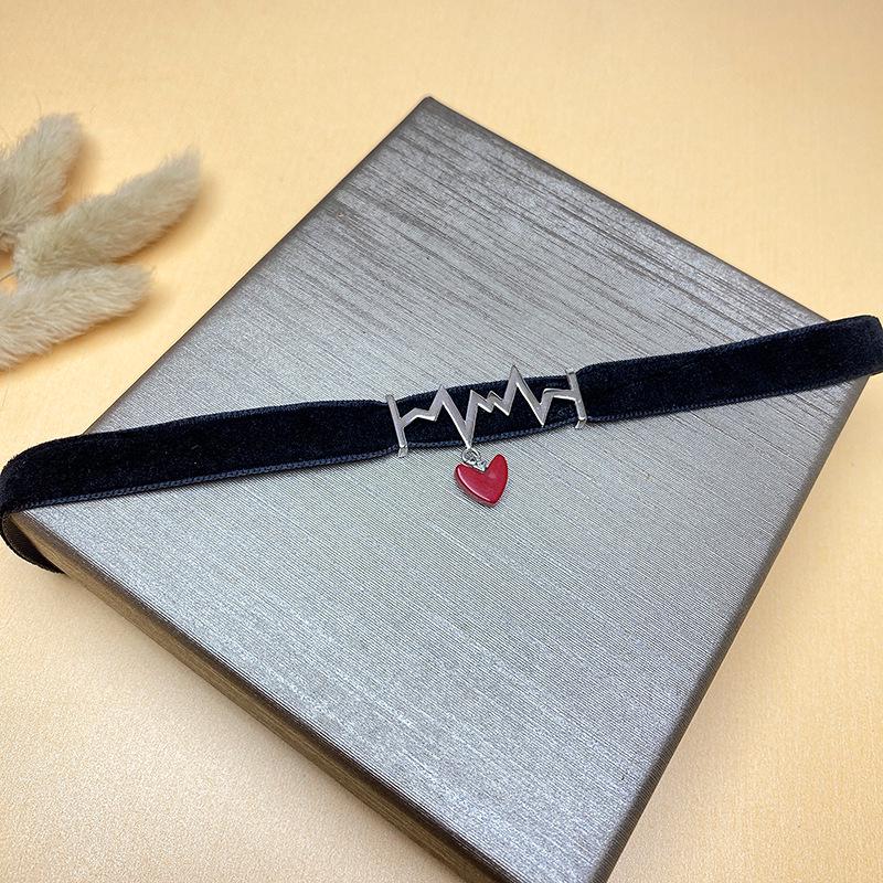 S925 Silver EKG Red Heart Choker Necklace - Black Rope Jewelry for Christmas & Valentine's Day Gift