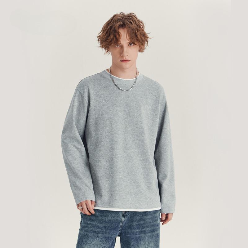 

Spring and Autumn New Men s Loose Round Neck Contrast Color Inner Long Sleeve Base Shirt 2XL серый