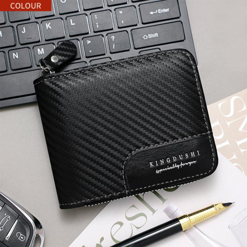 New Trendy Carbon Fiber Short Wallet Men Card Bag Integrated Zipper Change Bag Holder Bifold Clutch Solid Hombre Business Purse