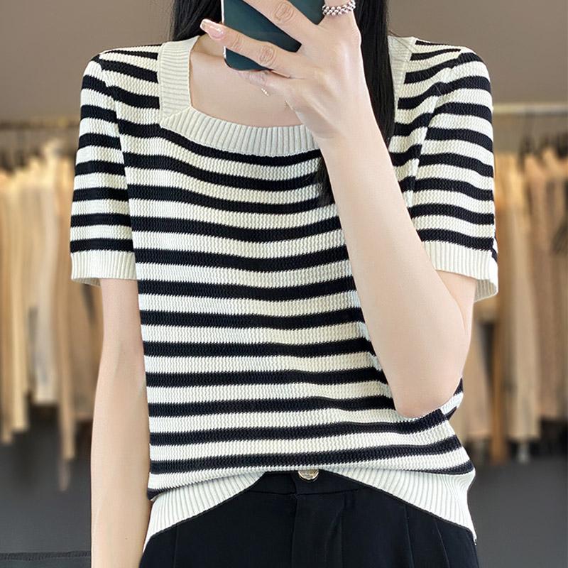 Women Sweaters Pullovers 2025 Summer Short Sleeve Square Collar Striped Black Knitted Sweater Women Tops Pullover JJ254