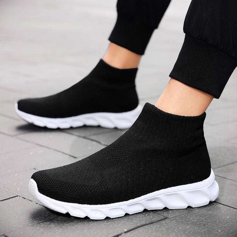 Large size high-top socks shoes men's autumn fly-woven sports shoes lazy shoes one-pedal elastic casual men's shoes