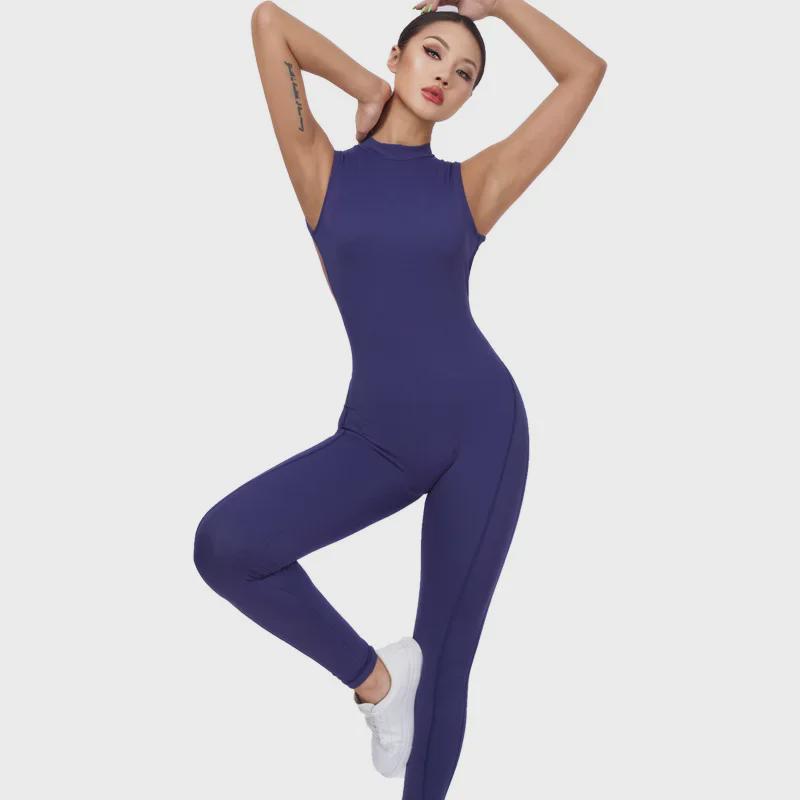 Europäisch-Amerikanischer Sexy Rückenfreier Pfirsichfarbener Hüft-Gymnastik-Jumpsuit: Damen Schnelltrocknende Enge Yoga- & Sportbekleidung