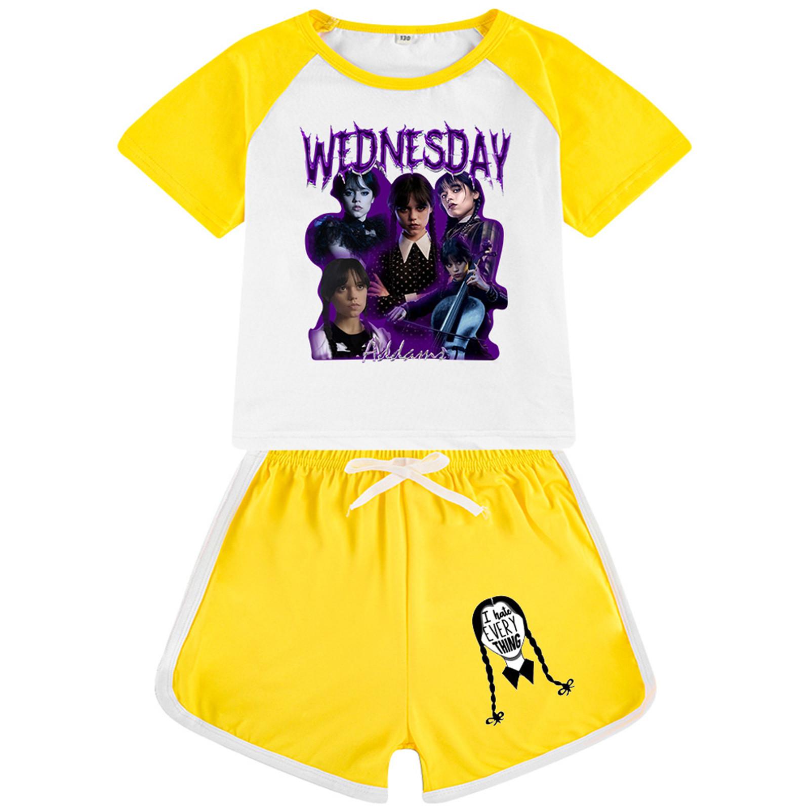 

Летний комплект из двух предметов, детский топ большого размера с круглым вырезом и короткими рукавами и облегающие велосипедные шорты для йоги в полоску 150 жёлтый