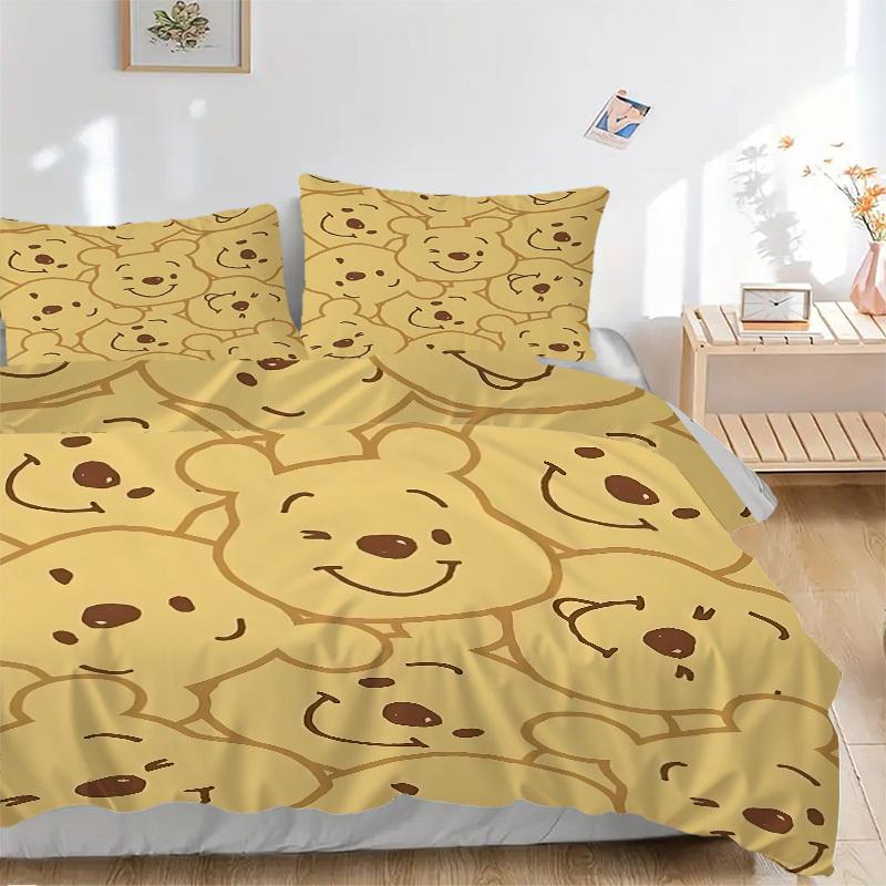 3pcs Set Pooh Bear1pc of Quilt Cover+2pcs of Pillowcase, No Core, Print Bedding, All Seasons Bedroom Setting055