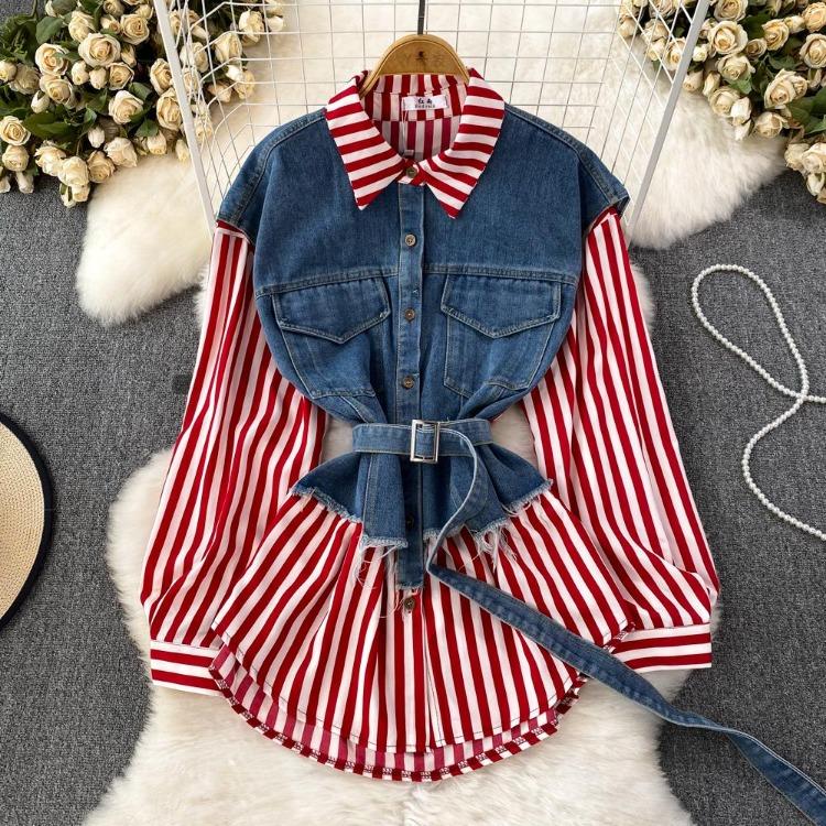 Korean Retro Women Denim Vest Shirt Spring Autumn Casual Loose Irregular Stitching Striped Fake Two