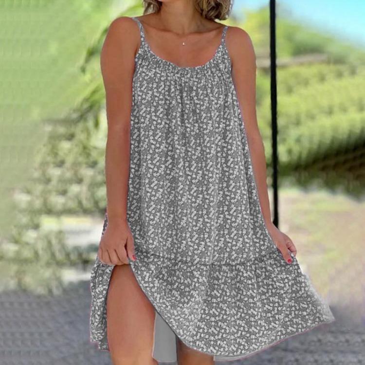 Floral Printed Women's Sleeveless A-line Polyester Beach Dress Loose