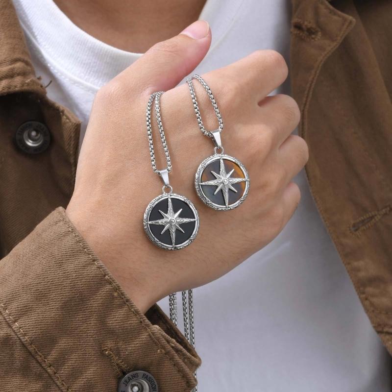 Adjustable Stainless Steel Compass Charm Necklace Men Spiritual Jewelry Chain Necklace for Birthday Valentines Day