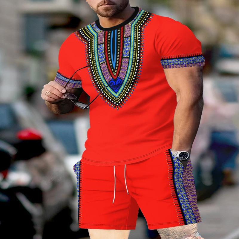 Men's African collar element picture print two-piece set of fashionable and casual round neck short-sleeved T-shirt and drawstring shorts