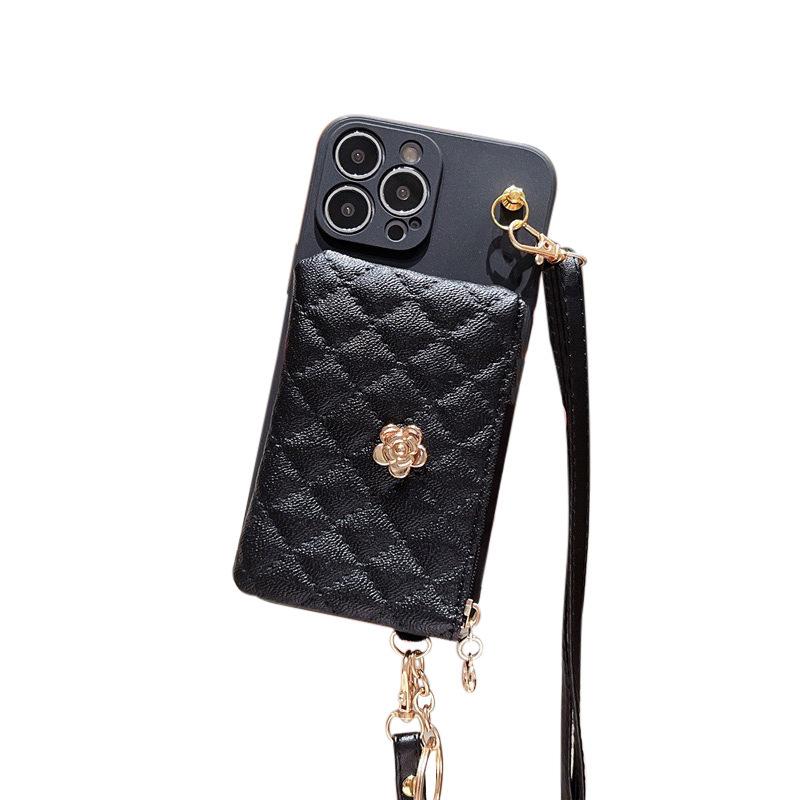 Electroplated Metal Camellia Wallet Card Case Phone Case for IPhone16promax Crossbody Cord 15 for Apple 14