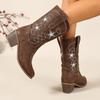 Womens Western Embroidered Boots Round Toe Chunky Mid Heel Mid-Calf Pull-On All-Match Casual