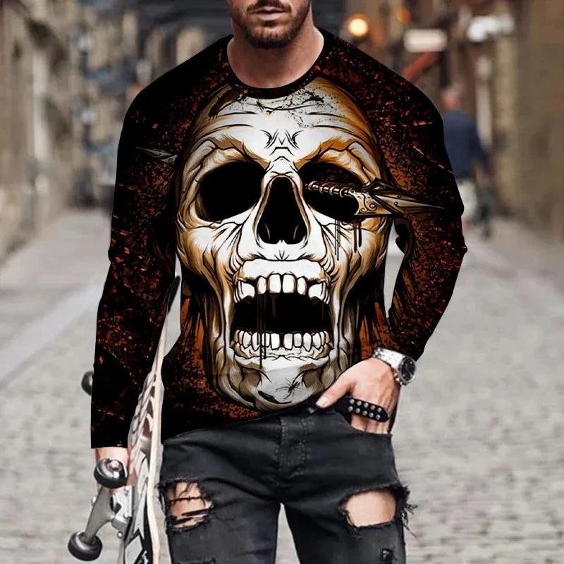 Round Neck 3D Skull Printed Top Fashionable Long Sleeved Men's T-shirts - Soft Medium Stretch Polyester Fabric Spring and Autumn Relaxed Fit Clothing